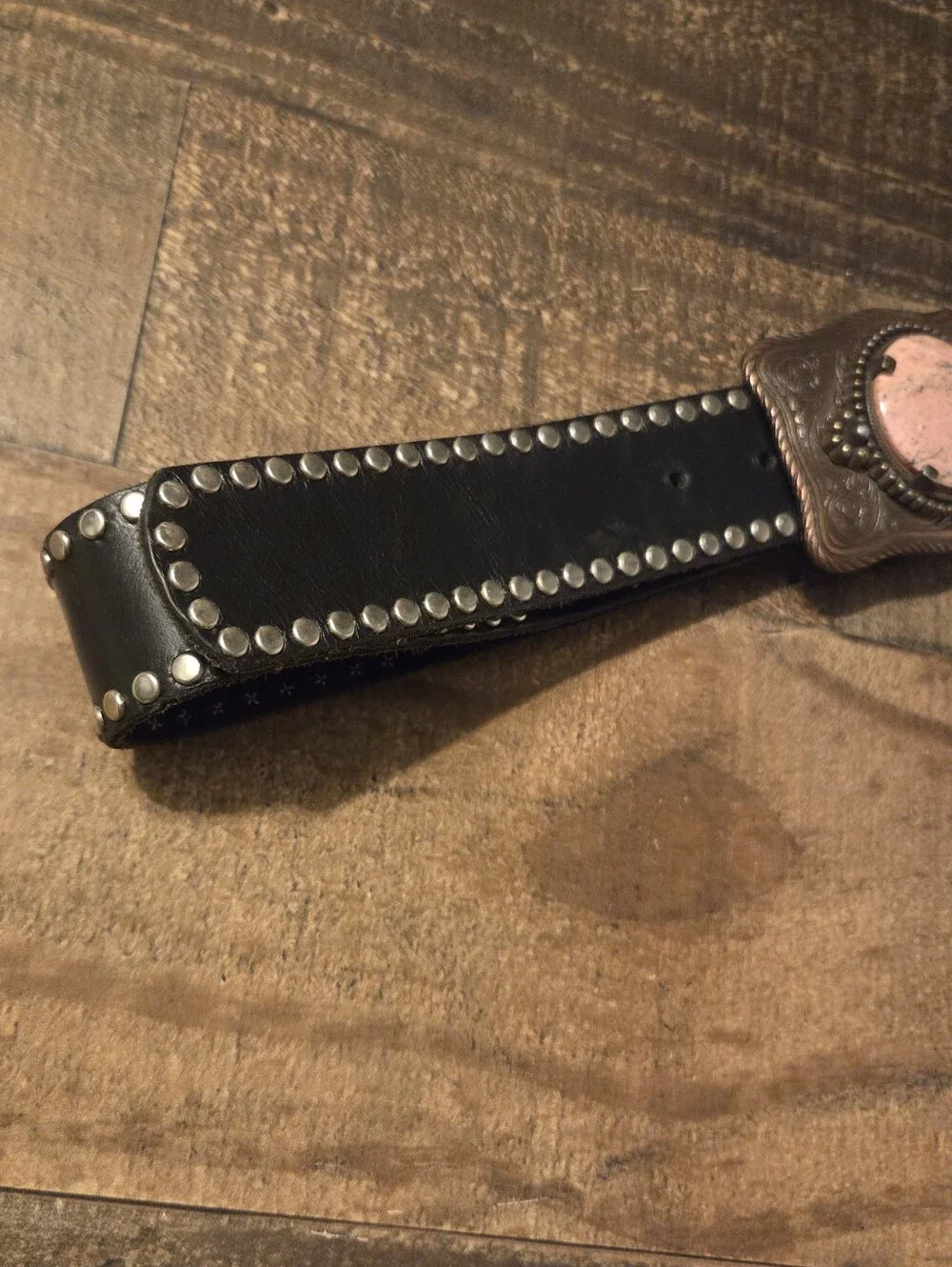Vintage Y2K Genuine Leather Studded BEBE Belt Western Pink Rhodonite Buckle M/L
